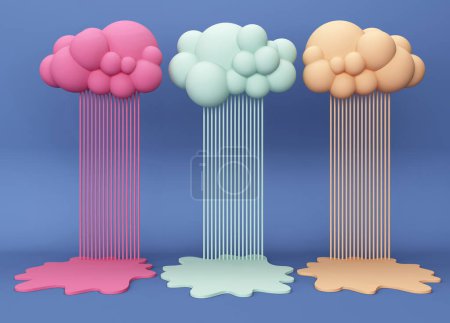 Photo for 3d background for product presentation. Exhibition stand Color clouds with rain and puddle podium. Cloud installation. Blue background 3d render. - Royalty Free Image