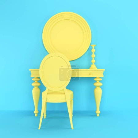 Foto de Interior 3D brillante. Mesa de maquillaje. Mesa de belleza. Mesa de mujer amarilla con una silla contra una pared azul. Dormitorio. Salón de belleza. Muebles 3d. Icono de muebles. representación 3d para la página web, presentación o - Imagen libre de derechos