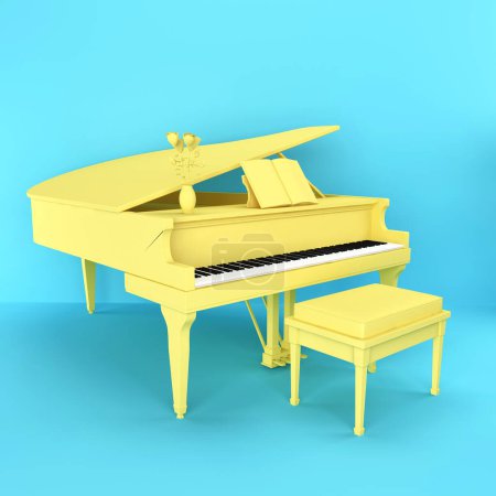 Téléchargez les photos : Icône de musique 3D lumineuse. Un piano jaune contre un mur bleu. rendu 3d pour page web, présentation ou arrière-plan d'image - en image libre de droit