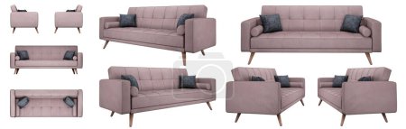 Photo for Realistic pink 3 seater pull out sofa from different angles. Mat upholstery. Sofa projections for design, collage, banner. Scandinavia - Royalty Free Image
