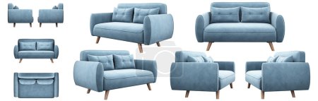 Photo for Realistic blue small double sofa bed from different angles. Matting upholstery Sofa projections for design, collage, banner. Charm. - Royalty Free Image