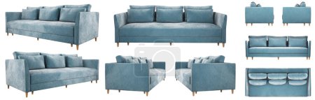 Photo for Realistic blue velor double sofa bed from different angles. Sofa projections for design, collage, banner. - Royalty Free Image