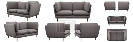 Foto de Sofá pequeño gris realista desde diferentes ángulos. Proyecciones de sofá para diseño, collage, banner. Hecho - Imagen libre de derechos