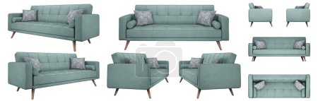 Photo for Realistic mint green 3 seater pull out sofa from different angles. Mat upholstery. Sofa projections for design, collage, banner. Scandinavia - Royalty Free Image