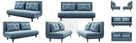 Foto de Realista azul pequeño sofá cama doble desde diferentes ángulos. Tapicería con estera de chenilla. Proyecciones de sofá para diseño, collage, banner. Doris. - Imagen libre de derechos