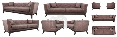 Foto de Sofá marrón acolchado realista desde diferentes ángulos. Proyecciones de sofá para diseño, collage, banner. Moderno - Imagen libre de derechos