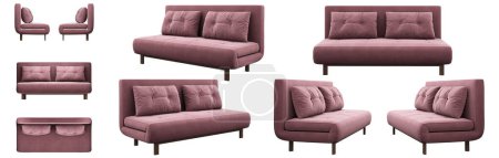 Foto de Realista rosa pequeño sofá cama doble desde diferentes ángulos. Tapicería con estera de chenilla. Proyecciones de sofá para diseño, collage, banner. Doris. - Imagen libre de derechos