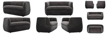 Photo for Frameless soft gray sofa of rounded shape. Mini sofa SPIN. A sofa the size of an armchair is very comfortable for a lounge area. Several angles of the sofa on a white background. - Royalty Free Image