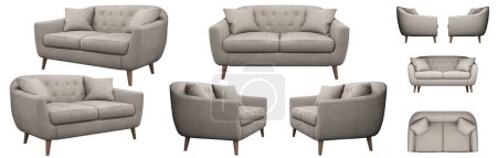 Photo for Compact double sofa Stockholm. Neutral milky color. Fabric upholstery. Sofa from different angles on a white background. - Royalty Free Image
