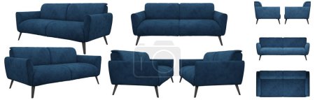 Foto de El elegante sofá azul de tres plazas de la colección Oscar tiene un diseño original con reposabrazos redondeados. Varios ángulos del sofá sobre un fondo blanco. - Imagen libre de derechos