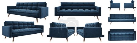 Photo for A navy blue Felicity sofa bed with micro-velveteen upholstery. Several angles of the sofa on a white background. Stylish sofa with quilted back and seat. Several angles on a white background. - Royalty Free Image