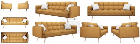 Foto de Sofá cama moderno estilo Madrid en amarillo pastel. El sofá está acolchado con grandes cuadrados volumétricos. Sofá cama. Varios ángulos del sofá sobre un fondo blanco. Imagen realista - Imagen libre de derechos