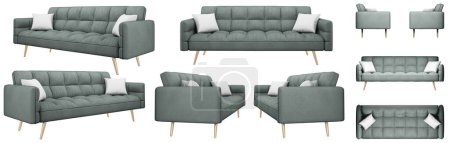 Foto de Elegante sofá cama moderno verde pastel de Madrid. Sofá acolchado con grandes cuadrados volumétricos. Sofá cama. Varios ángulos del sofá sobre un fondo blanco. - Imagen libre de derechos