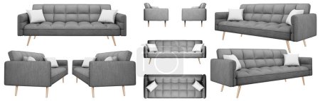 Téléchargez les photos : Canapé-lit Madrid moderne et élégant en gris pastel. Le canapé est matelassé avec de grands carrés volumétriques. Canapé-lit. Plusieurs angles du canapé sur un fond blanc. Réaliste. - en image libre de droit
