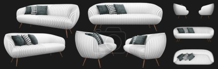 Photo for Stylish modern small sofa on thin legs. White sofa quilted with vertical stripes. Several angles of the sofa on a white background. Realistic image. Render 3d. - Royalty Free Image