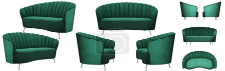 Foto de Elegante sofá moderno de color verde oscuro en forma de flor. Sofá de terciopelo esmeralda. Varios ángulos del sofá sobre un fondo blanco. Imagen realista. Render 3d. - Imagen libre de derechos