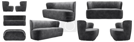 Photo for Realistic stylish designer darck grey sofa. Sofa from different angles. Sofa projections for design, collage, banner. - Royalty Free Image
