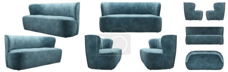 Photo for Realistic stylish designer blue sofa. Sofa from different angles. Sofa projections for design, collage, banner. - Royalty Free Image