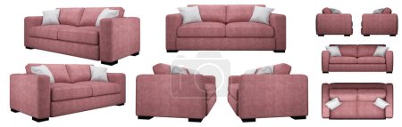Téléchargez les photos : Canapé double rose pastel réaliste. Canapé sous différents angles. Projections de canapé pour design, collage, bannière. - en image libre de droit
