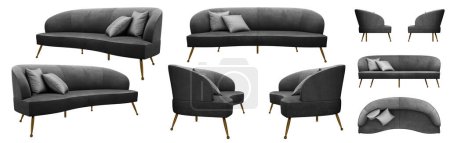 Photo for Stylish modern dark gray sofa on thin legs. Sofa from different angles. Sofa projections for design, collage, banner. realistic image - Royalty Free Image