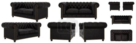 Foto de Elegante clásico sofá acolchado de cuero negro. Sofá desde diferentes ángulos. Proyecciones de sofá para diseño, collage, banner. imagen realista - Imagen libre de derechos
