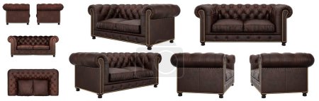 Photo for Stylish classic leather quilted brown sofa. Sofa from different angles. Sofa projections for design, collage, banner. realistic image - Royalty Free Image