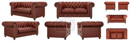 Foto de Elegante clásico sofá acolchado de cuero rojo. Sofá desde diferentes ángulos. Proyecciones de sofá para diseño, collage, banner. imagen realista - Imagen libre de derechos