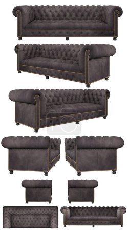 Foto de Elegante clásico sofá acolchado de cuero gris. Sofá desde diferentes ángulos. Proyecciones de sofá para diseño, collage, banner. Imagen realista - Imagen libre de derechos