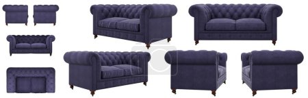 Téléchargez les photos : Canapé en tissu violet matelassé élégant. Canapé sous différents angles. Projections de canapé pour le design, collage, bannière. image réaliste - en image libre de droit