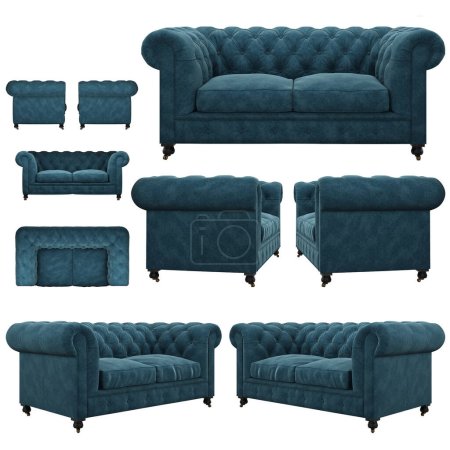 Photo for Classic quilted turquoise fabric sofa. Sofa from different angles. Sofa projections for design, collage, banner. realistic image - Royalty Free Image