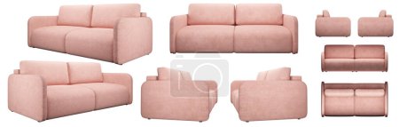 Photo for Stylish modern double light coral sofa. Sofa from different angles. Sofa projections for design, collage, banner. Realistic image - Royalty Free Image