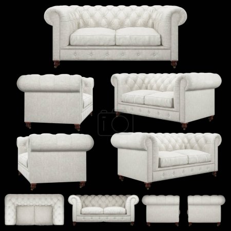Photo for Stylish classic leather quilted white sofa. Sofa from different angles. Sofa projections for design, collage, banner. realistic image - Royalty Free Image