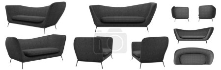 Photo for Stylish modern futuristic gray sofa. Fabric sofa with an unusual back. Several angles of the sofa on a white background. Realistic image. Rendering 3d. - Royalty Free Image