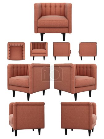 Photo for Realistic orange soft armchair. Fabric upholstered armchair in a classic style. Soft chair from different angles. Sofa projections for design, collage, banner. - Royalty Free Image