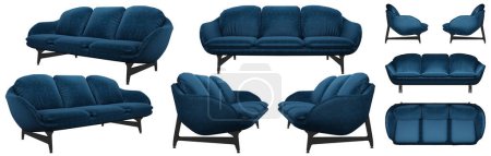 Photo for Stylish modern rounded blue sofa. Blue velvet sofa. Several angles of the sofa on a white background. Realistic image. Rendering 3d. - Royalty Free Image
