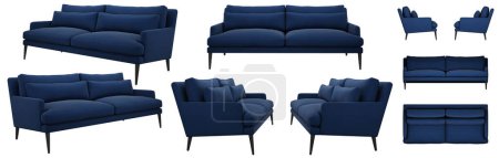 Foto de Elegante sofá azul moderno con patas delgadas. Varios ángulos del sofá sobre un fondo blanco. - Imagen libre de derechos