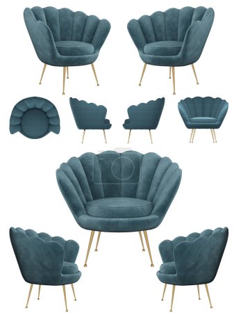 Foto de Elegante silla tapizada azul pastel moderno en forma de flor. Terciopelo azul. Varios ángulos de una silla fácil sobre un fondo blanco. Imagen realista. Representación 3d. - Imagen libre de derechos