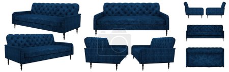 Foto de Elegante sofá azul acolchado moderno con patas delgadas. Material - terciopelo azul. Varios ángulos del sofá sobre un fondo blanco. - Imagen libre de derechos
