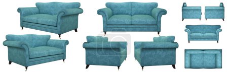Téléchargez les photos : Canapé classique élégant. Canapé en velours bleu. Canapé sous différents angles. Projections de canapé pour le design, collage, bannière. Image réaliste - en image libre de droit