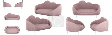 Photo for Modern stylish designer sofa cloud. Pastel pink sofa. In the children's room or living room. Sofa from different angles. Sofa projections for design, collage, banner. Realistic image. - Royalty Free Image