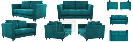 Foto de Sofá moderno de terciopelo verde oscuro con patas. Varios ángulos del sofá sobre un fondo blanco. Imagen realista. Representación 3d. - Imagen libre de derechos