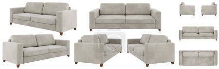 Foto de Sofá moderno de terciopelo de marfil. Varios ángulos del sofá sobre un fondo blanco. Imagen realista. Representación 3d. - Imagen libre de derechos