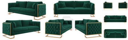 Photo for Stylish modern classic green sofa on original rectangular gold legs. Velvet sofa.  Sofa from different angles. Sofa projections for design, collage, banner. Realistic image. - Royalty Free Image