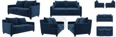 Foto de Moderno hermoso sofá de terciopelo azul oscuro. Varios ángulos del sofá sobre un fondo blanco. Imagen realista. Representación 3d. - Imagen libre de derechos