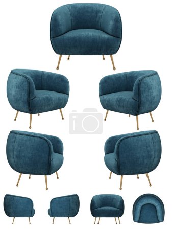 Photo for Modern stylish refined round easy chair. Blue velour. Soft chair from different angles. Sofa projections for design, collage, banner. - Royalty Free Image