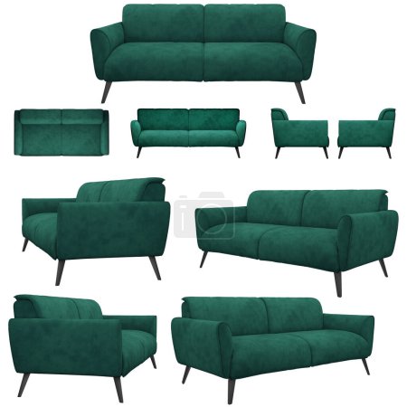 Foto de El elegante sofá verde de tres plazas de la colección Oscar tiene un diseño original con reposabrazos redondeados. Varios ángulos del sofá sobre un fondo blanco. - Imagen libre de derechos