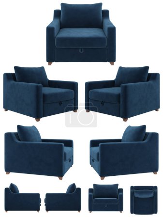 Téléchargez les photos : Chaise moderne élégante bleu foncé facile. Du velours bleu. Chaise douce sous différents angles. Projections de canapé pour design, collage, bannière. - en image libre de droit