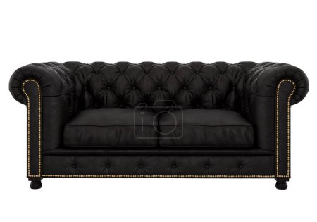 Téléchargez les photos : Canapé noir matelassé en cuir classique élégant. Projection de canapé pour le design, collage, bannière. image réaliste - en image libre de droit