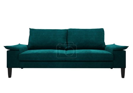 Foto de Elegante sofá moderno de color verde oscuro con reposabrazos originales. Sofá de terciopelo esmeralda. Sobre un fondo blanco. Imagen realista. Representación 3d. - Imagen libre de derechos
