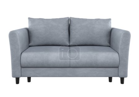 Foto de Moderno sofá de terciopelo gris claro con patas. Sobre un fondo blanco. Imagen realista. Representación 3d. - Imagen libre de derechos
